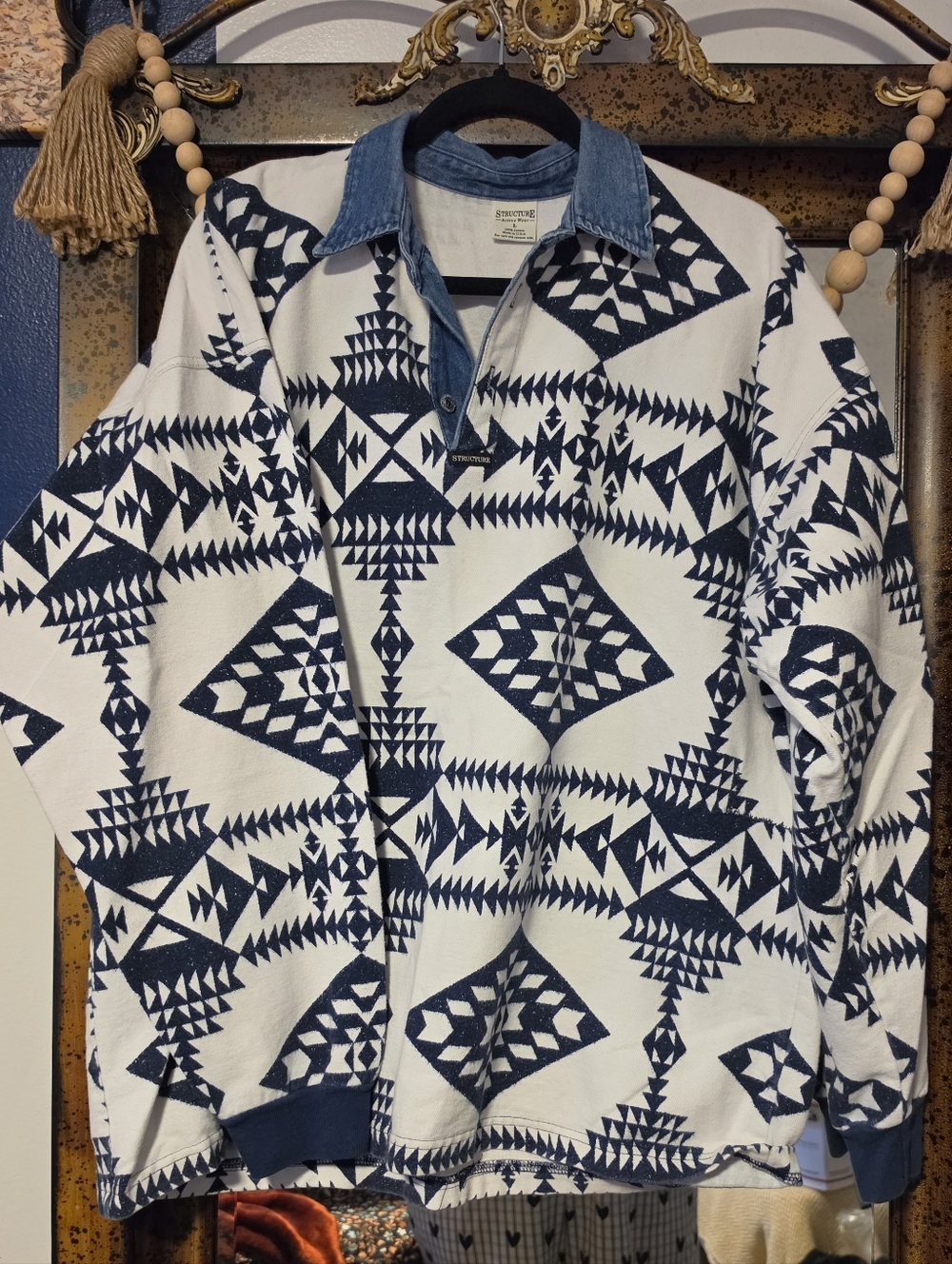 Structure Navy and White Aztec Pullover with Denim Trim